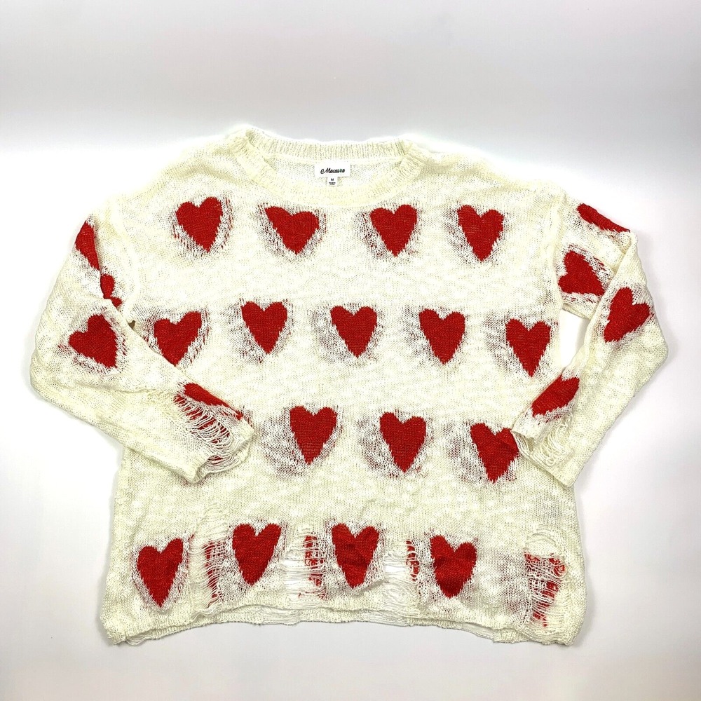 Macaron The Distressed Hearts Sweater Womens Sz M Cream Red Scoop Neck Oversized